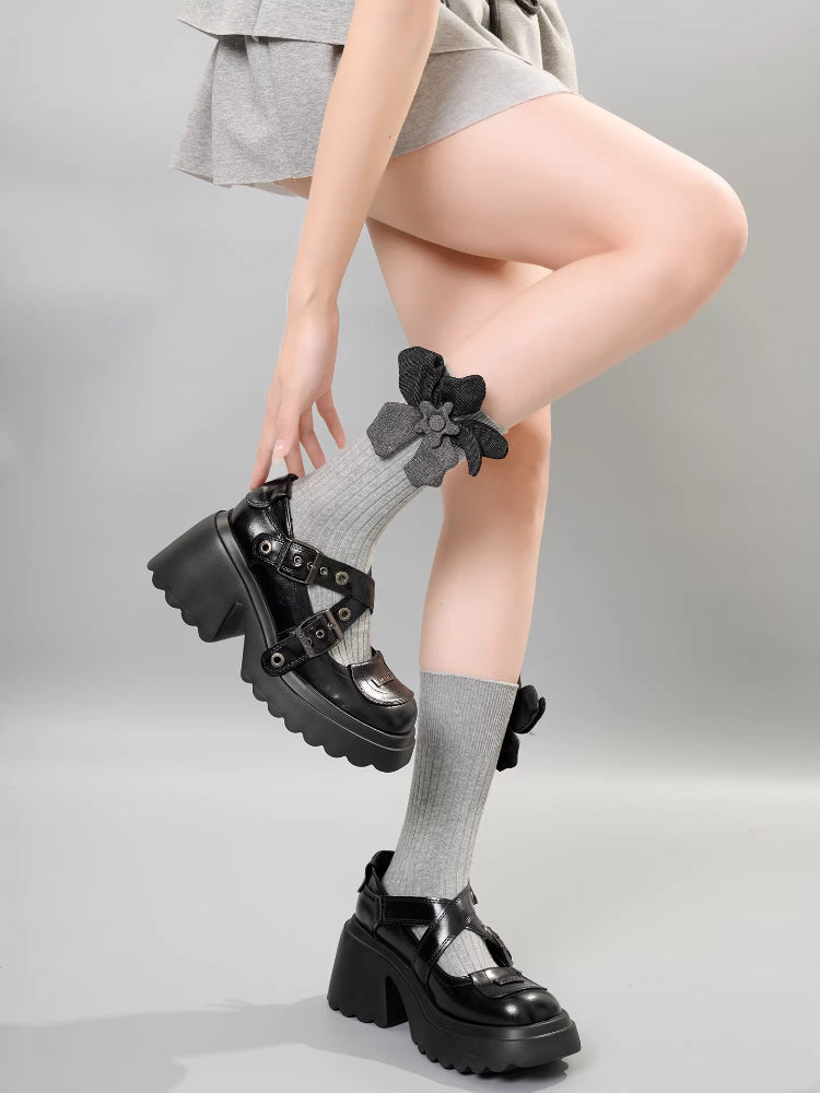 3D Shimmer Flower Black Socks Grunge Dark Coquette