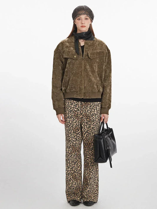 Vintage Brown Distressed Velvet Bomber Jacket - TEVQA