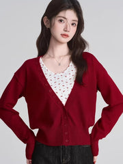 Deep Red Knit Cardigan & Floral Bow Cami Set