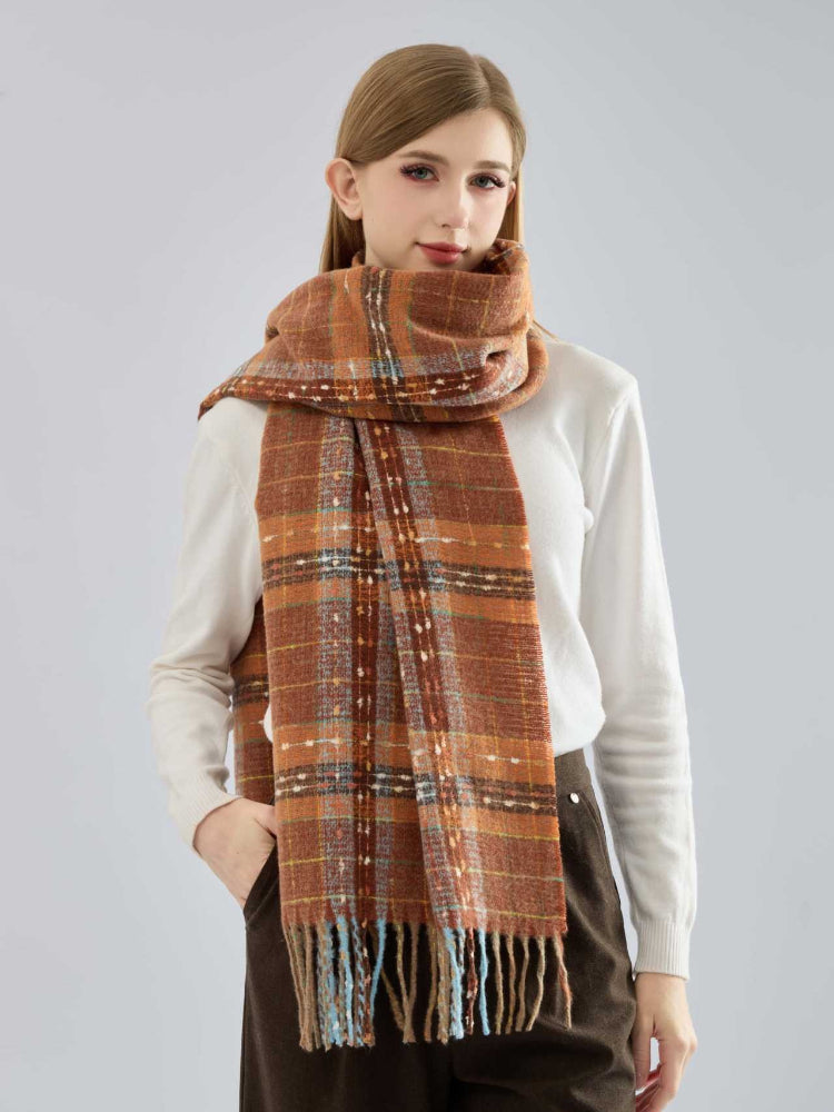 Women's Oversized Plaid Scarf Soft Brushed Tartan Wrap with Fringe Tassels - Rust & Brown Main image
