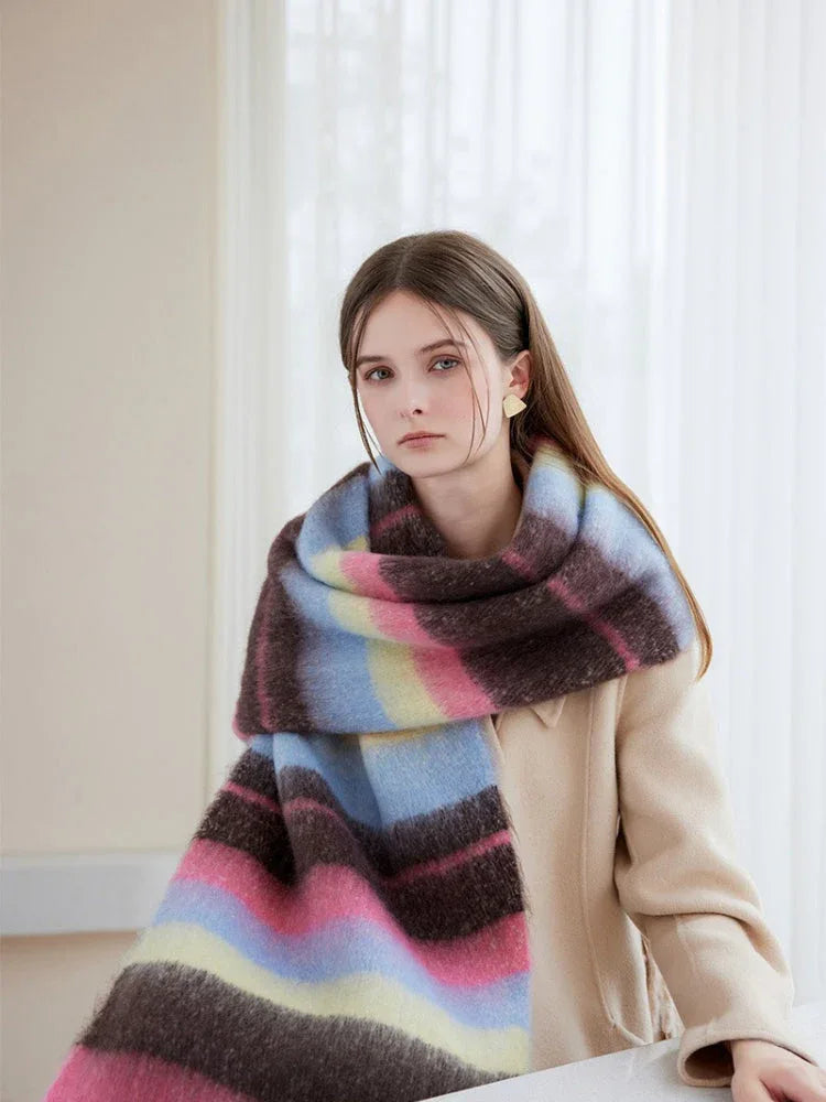 Woman wearing a colorful striped scarf and a beige coat, looking forward.
