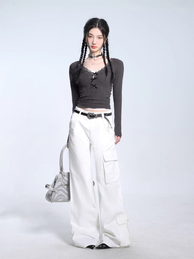 Ribbed knit crop top with lace trim neckline - View 7 | TEVQA