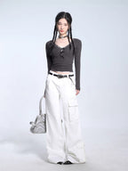 Ribbed knit crop top with lace trim neckline - View 7 | TEVQA