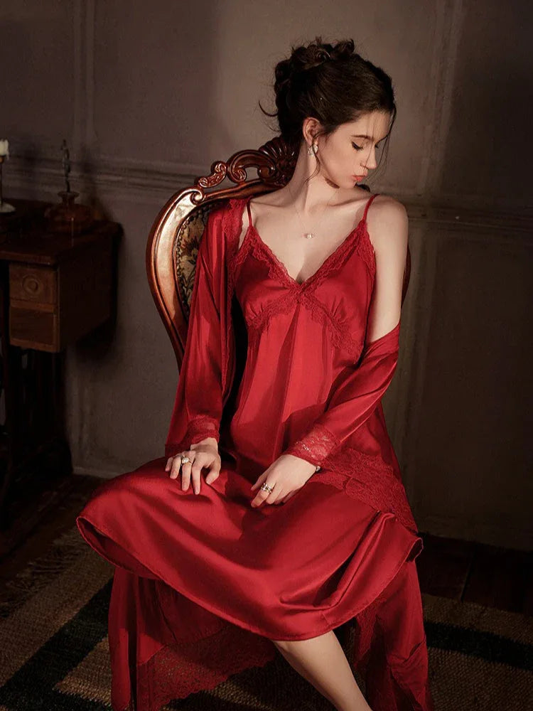 Satin Lace Nightgown and Robe Set - View 14 | TEVQA
