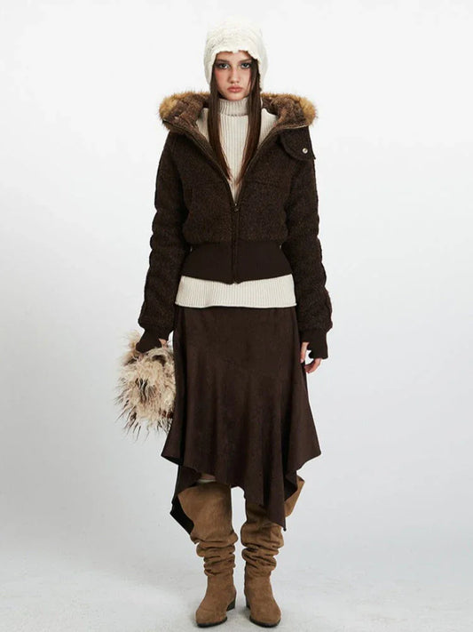 Vintage Chocolate Textured Bomber Jacket - TEVQA