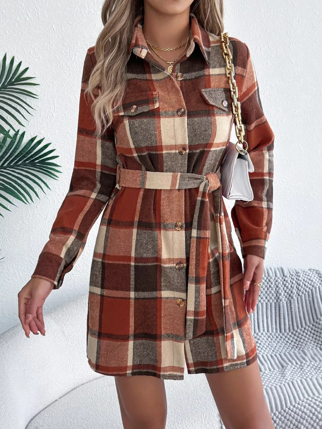Green Plaid Belted Shirt Dress - View 13 | TEVQA