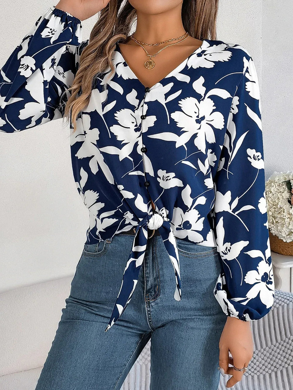 Monochrome floral tie-front blouse - View 15 | TEVQA