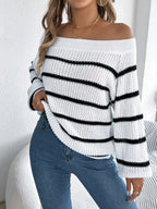White Striped Off-Shoulder Knit Sweater - TEVQA