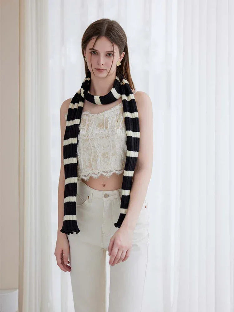 Long striped knit scarf with ruffle edge - View 6 | TEVQA