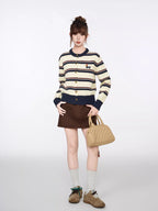 Beige Striped Knit Cardigan Dachshund Embroidery Top