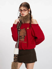 Y2K "Strike A Pose" Leopard Kitty Off-Shoulder Sweatshirt - TEVQA