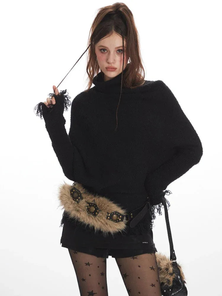 Close-up of a woman wearing a black turtleneck sweater, a fur-trimmed belt, and star pattern hosiery.