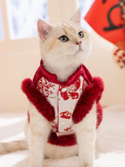 A light-colored cat wearing a red and white traditional Chinese-style vest with floral embroidery and red faux fur trim, looking upwards.