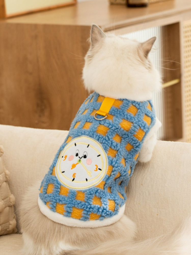 Pet fleece vest with red checkered pattern and embroidered clock graphic - View 7 | TEVQA