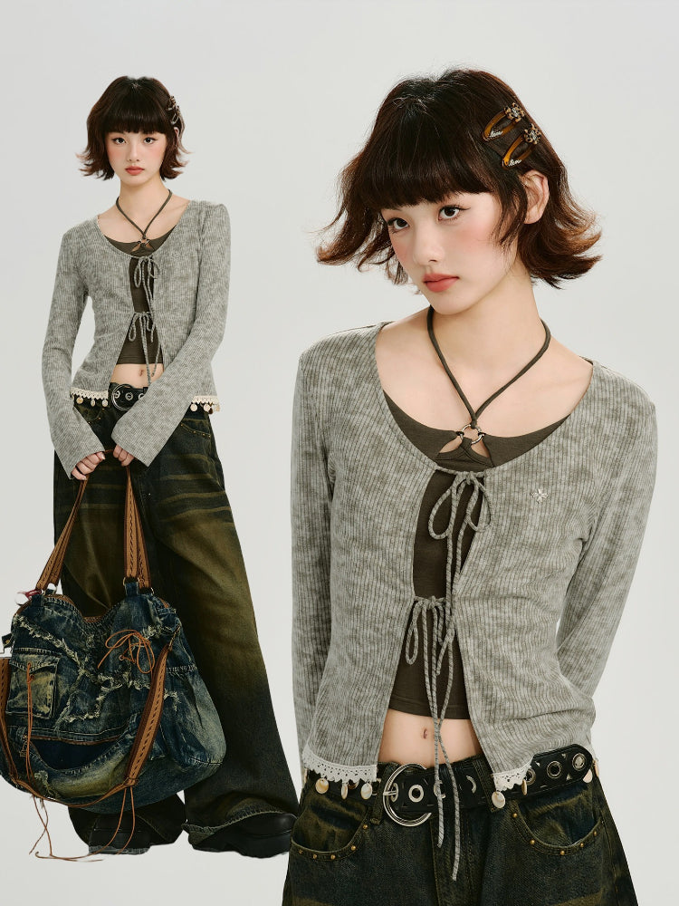 Vintage Tie-Dye Tie-Front Ribbed Cardigan Grey