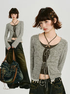 Vintage Tie-Dye Tie-Front Ribbed Cardigan Grey