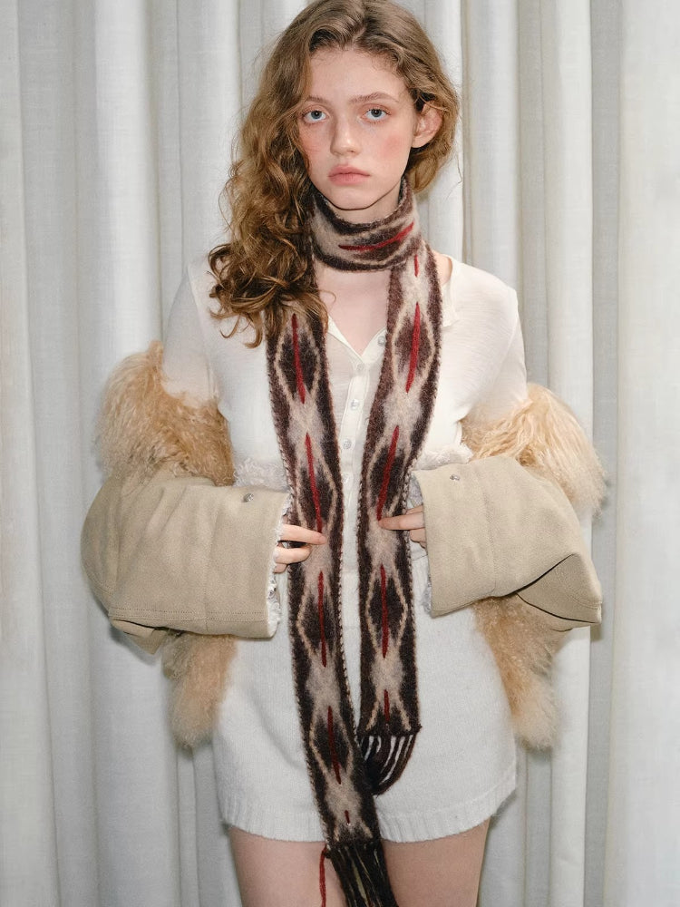 Retro Diamond Skinny Scarf Hand-Threaded Brown