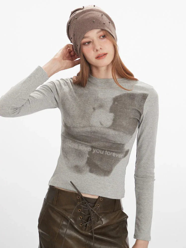 Y2K Pixelated Bear Graphic Long Sleeve Tee - TEVQA