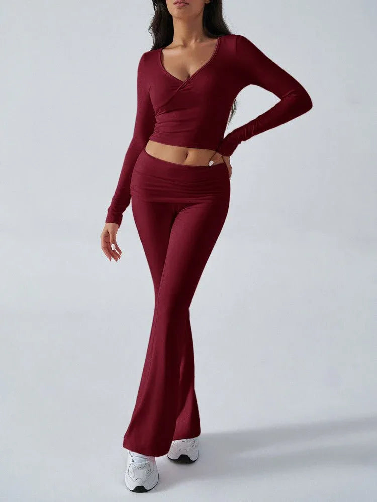V-Neck Crop Top and Fold-Over Flare Pants Set - View 8 | TEVQA