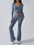 V-Neck Crop Top and Fold-Over Flare Pants Set - View 22 | TEVQA