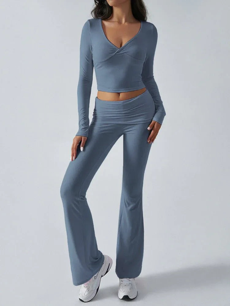 V-Neck Crop Top and Fold-Over Flare Pants Set - View 22 | TEVQA