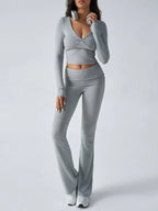 V-Neck Crop Top and Fold-Over Flare Pants Set - View 35 | TEVQA