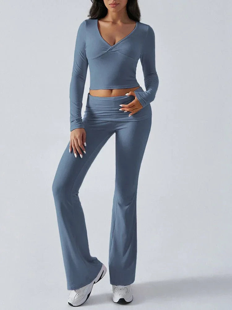 V-Neck Crop Top and Fold-Over Flare Pants Set - View 19 | TEVQA