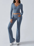 V-Neck Crop Top and Fold-Over Flare Pants Set - View 19 | TEVQA