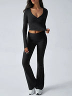 V-Neck Crop Top and Fold-Over Flare Pants Set - View 40 | TEVQA