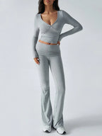 V-Neck Crop Top and Fold-Over Flare Pants Set - View 33 | TEVQA