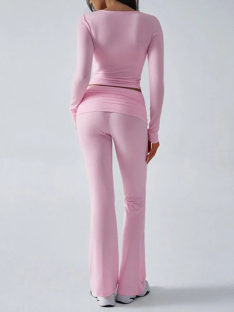 V-Neck Crop Top and Fold-Over Flare Pants Set - View 6 | TEVQA