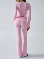 V-Neck Crop Top and Fold-Over Flare Pants Set - View 6 | TEVQA