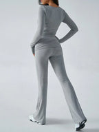 V-Neck Crop Top and Fold-Over Flare Pants Set - View 36 | TEVQA