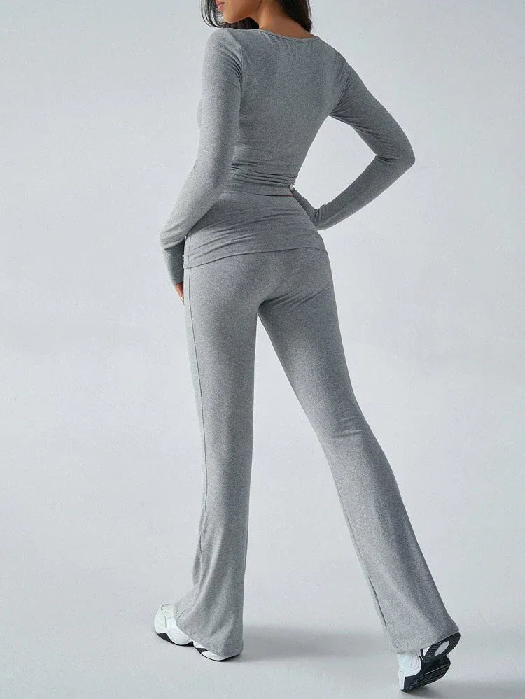 V-Neck Crop Top and Fold-Over Flare Pants Set - View 36 | TEVQA