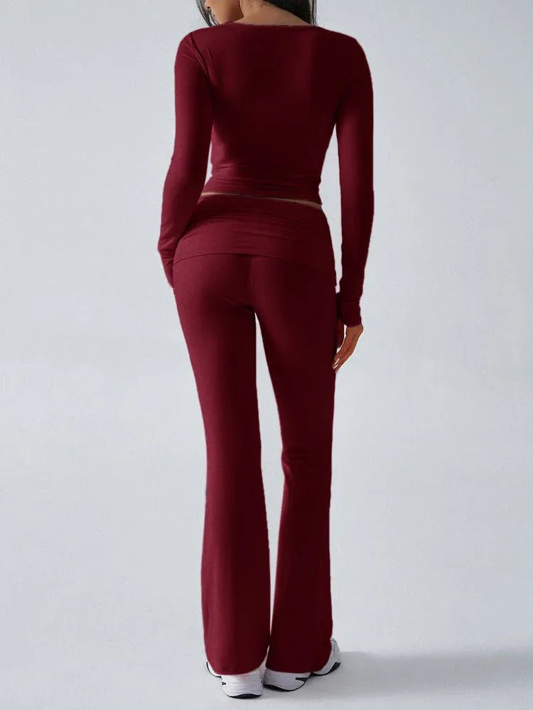 V-Neck Crop Top and Fold-Over Flare Pants Set - View 12 | TEVQA