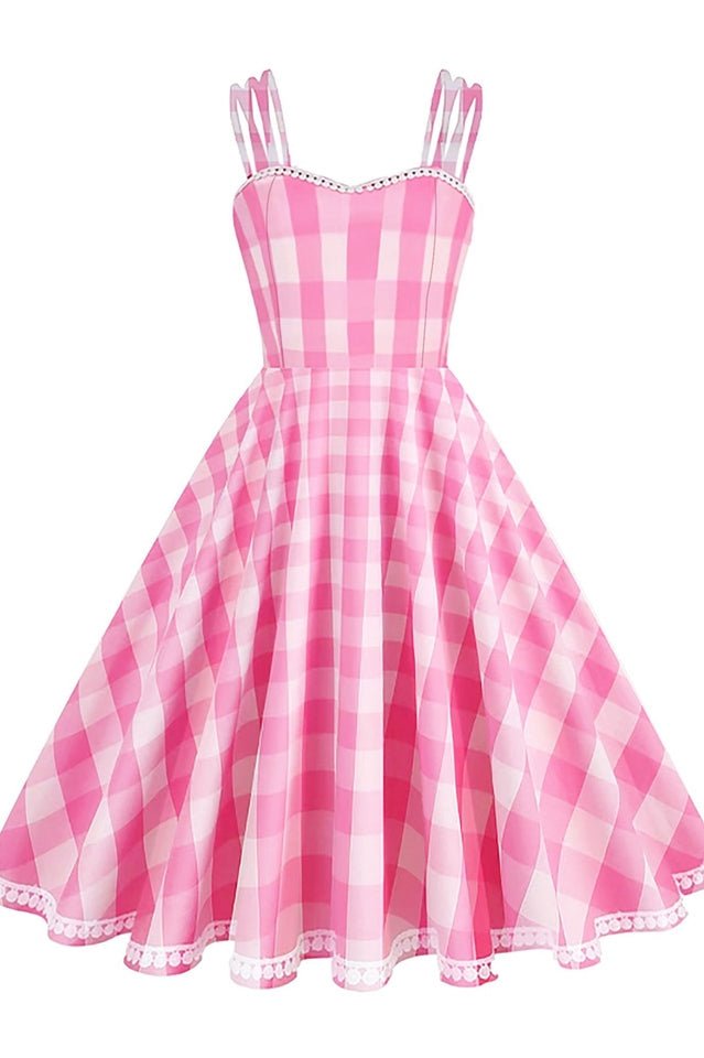 Barbie Movie Margot Pink Plaid Check Dress - Tevqa