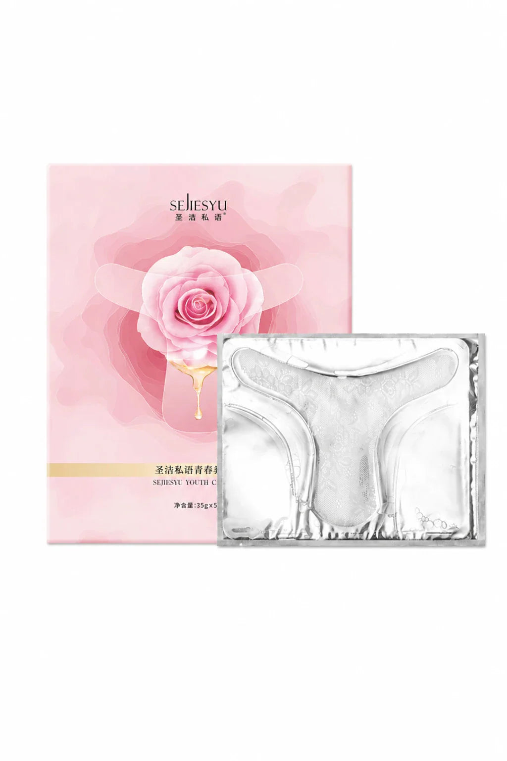 Product packaging with rose design and a single product pack.