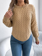Camel Cable Knit Curved Hem Sweater - TEVQA