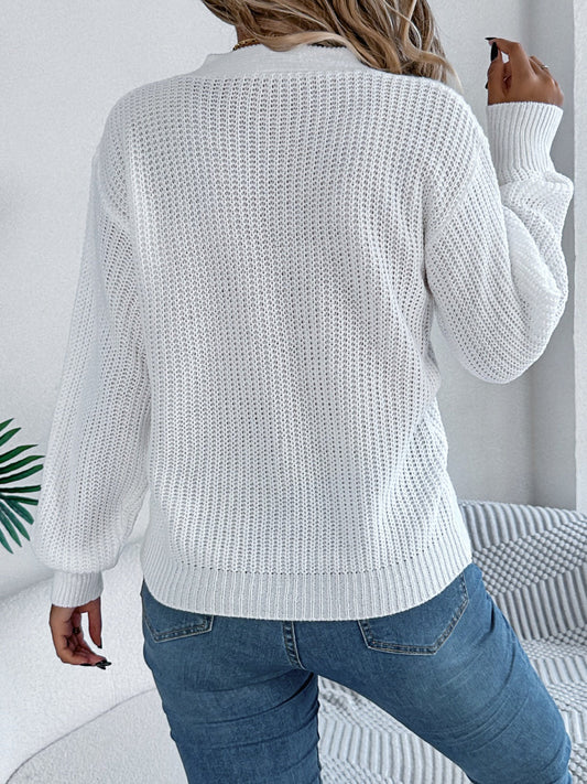 White Cutout V-Neck Cable Knit Sweater