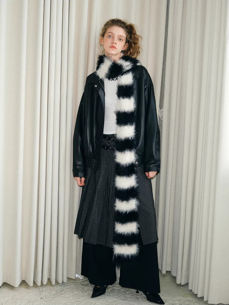 Black White Striped Faux Fur Knit Scarf