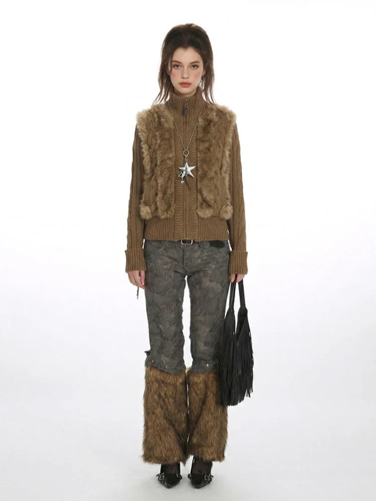 Y2K Faux Fur Panel Zip-Up Cardigan - TEVQA