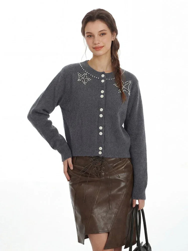 Coquette Grey Pearl Star Fuzzy Cardigan - TEVQA