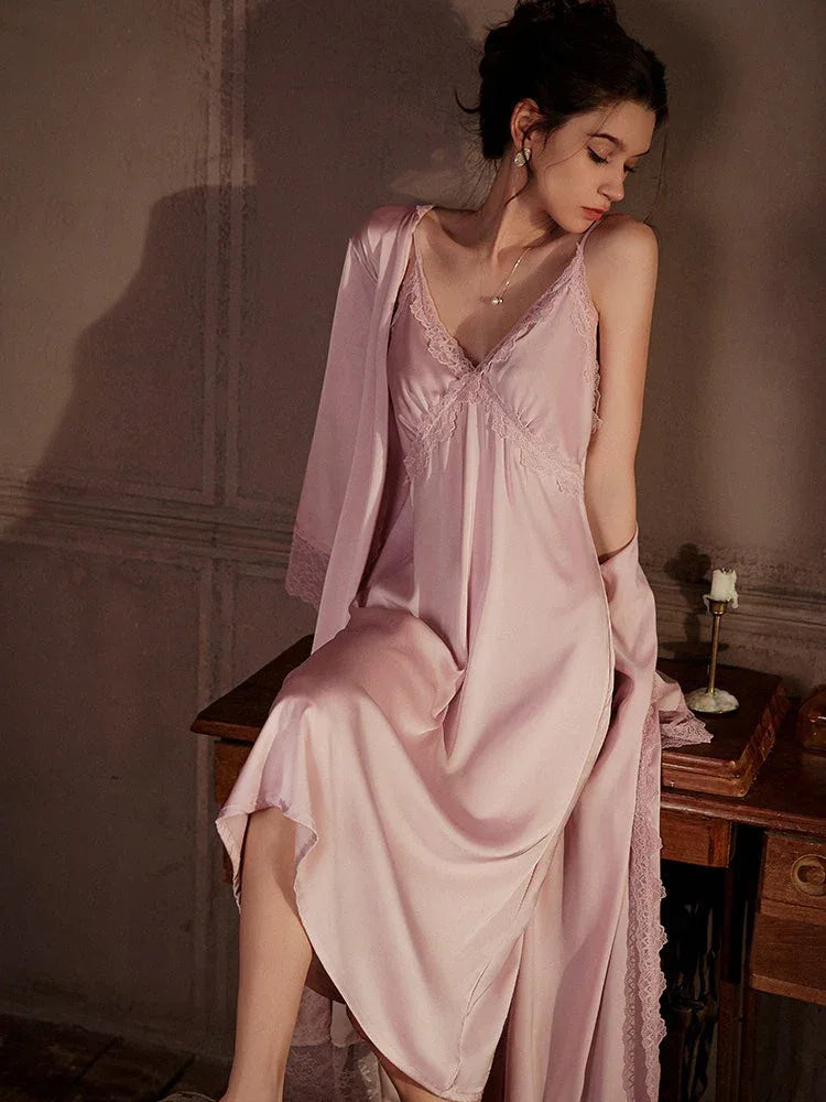 Satin Lace Nightgown and Robe Set - View 7 | TEVQA
