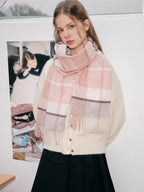 Pink Plaid 100% Lambswool Scarf with Fringe