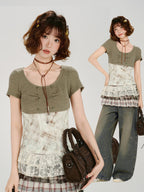 Vintage Patchwork Star Studded Slim T-Shirt - Green
