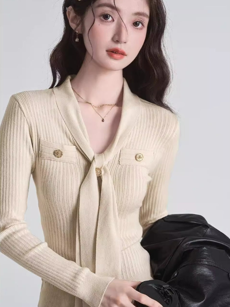 Tie-Neck Ribbed Knit Top Dark Grey