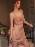 Vintage Cream | Twist-Front Lace & Mesh Satin Robe Set - TEVQA