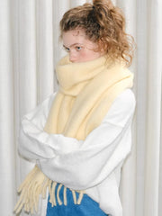 Wool Blend Tassel Scarf Cream Yellow Winter Shawl