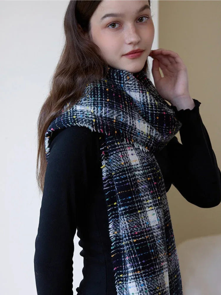 Oversized confetti knit scarf with rainbow speckles and fringe detail - View 15 | TEVQA