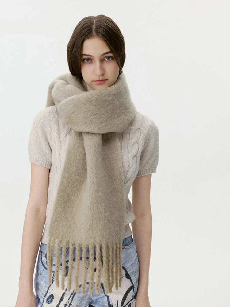 Soft dusty blue wool blend scarf with extra long tassels - View 8 | TEVQA